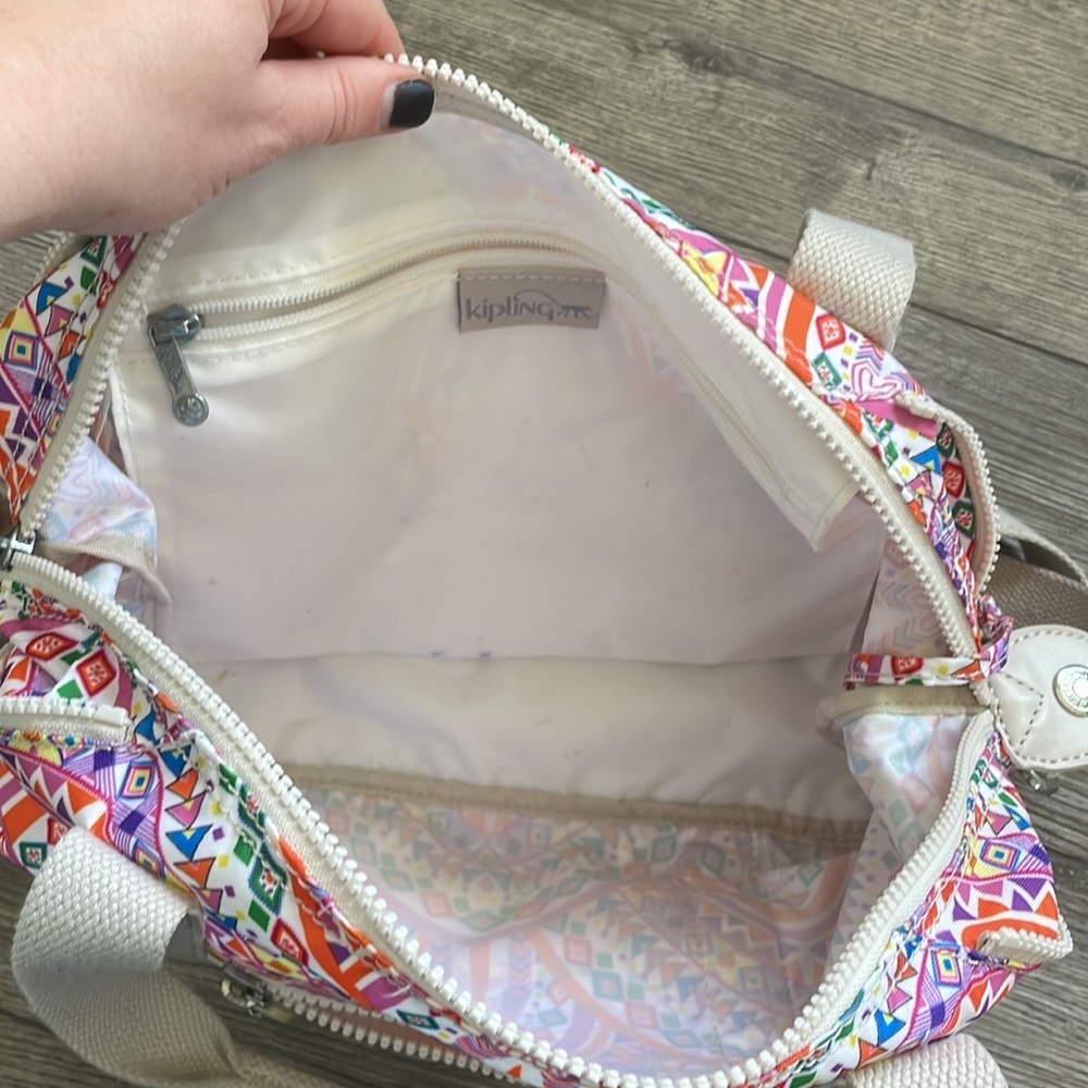 Kipling | Jumping for Joy Art U Expandable Shoulder Travel Bag White Pink - Picture 10 of 11